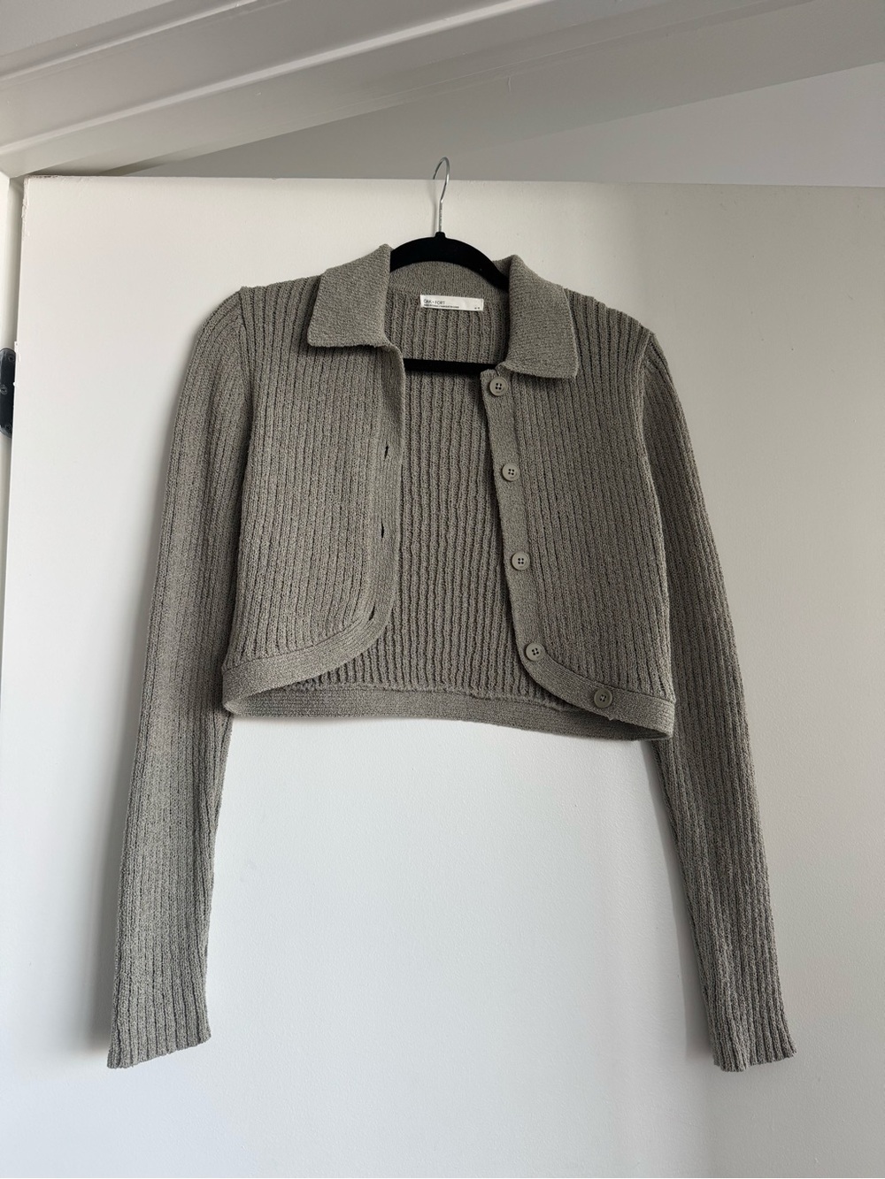 OAK + FORT Taupe Ribbed Cropped Button Cardigan